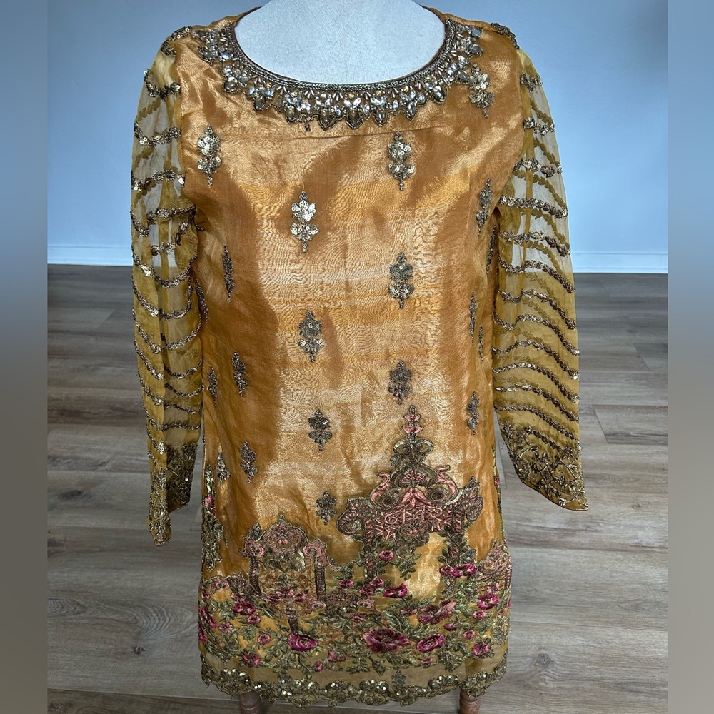 NWT Maria B Embellished Kurta Dress S Antique Gold Luxury Desi Wedding Formal